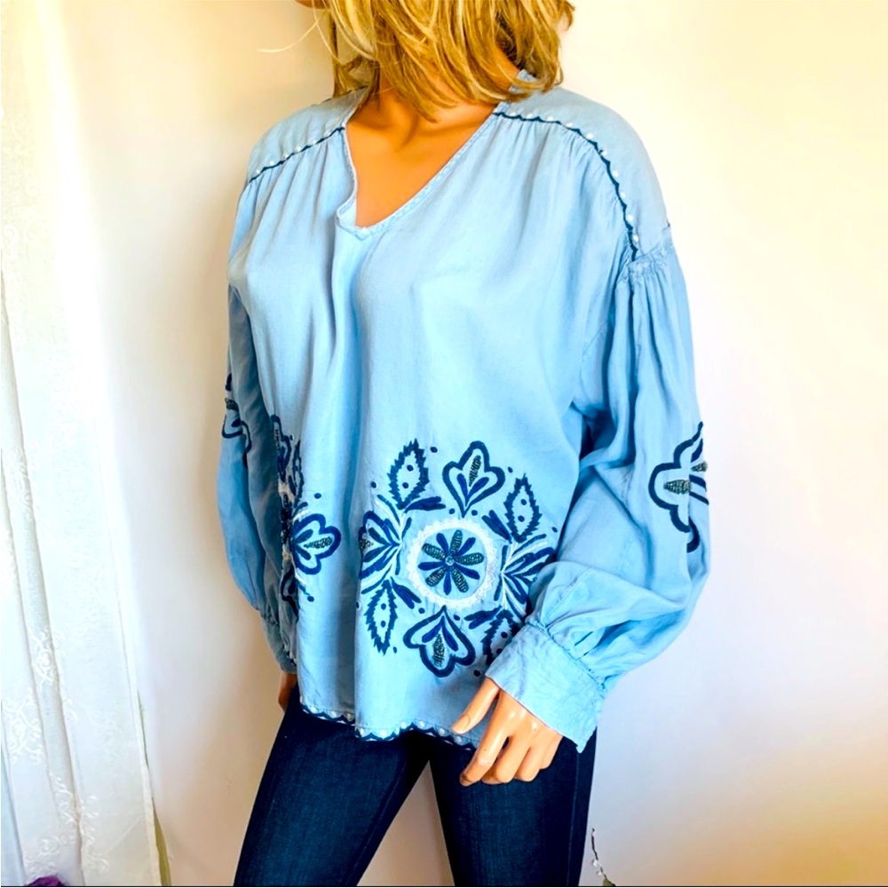 For The Republic Boho Blue Embroidered Puff Sleeve Blouse Size Large‎